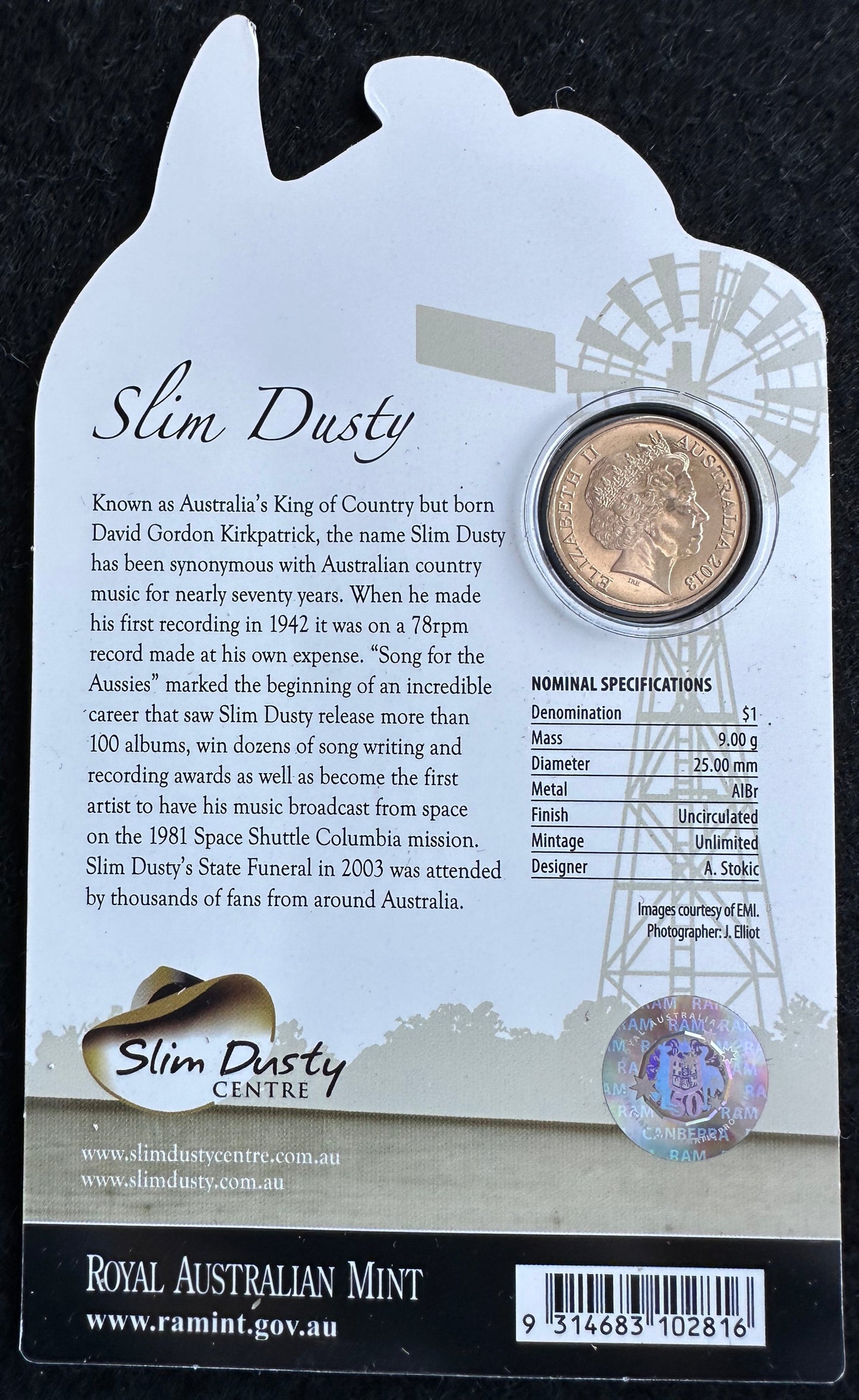 2013 $1 Inspirational Australians - Slim Dusty Carded Coin