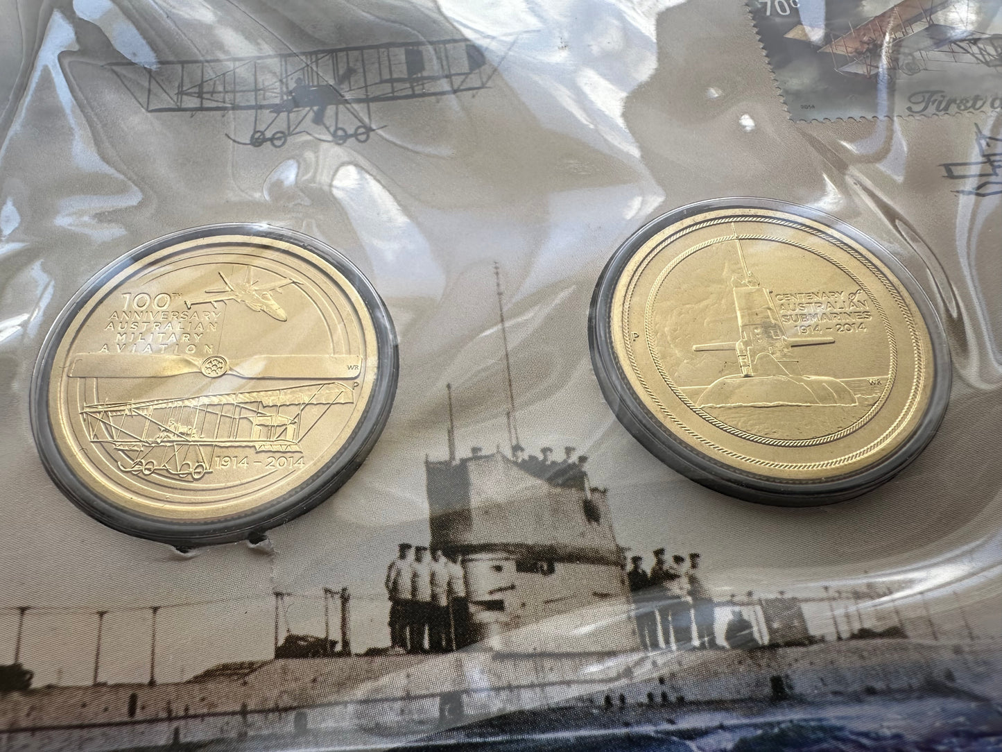 2014 $1 Centenary of Military Aviation and Submarines 2 Coin and Stamp Cover PNC