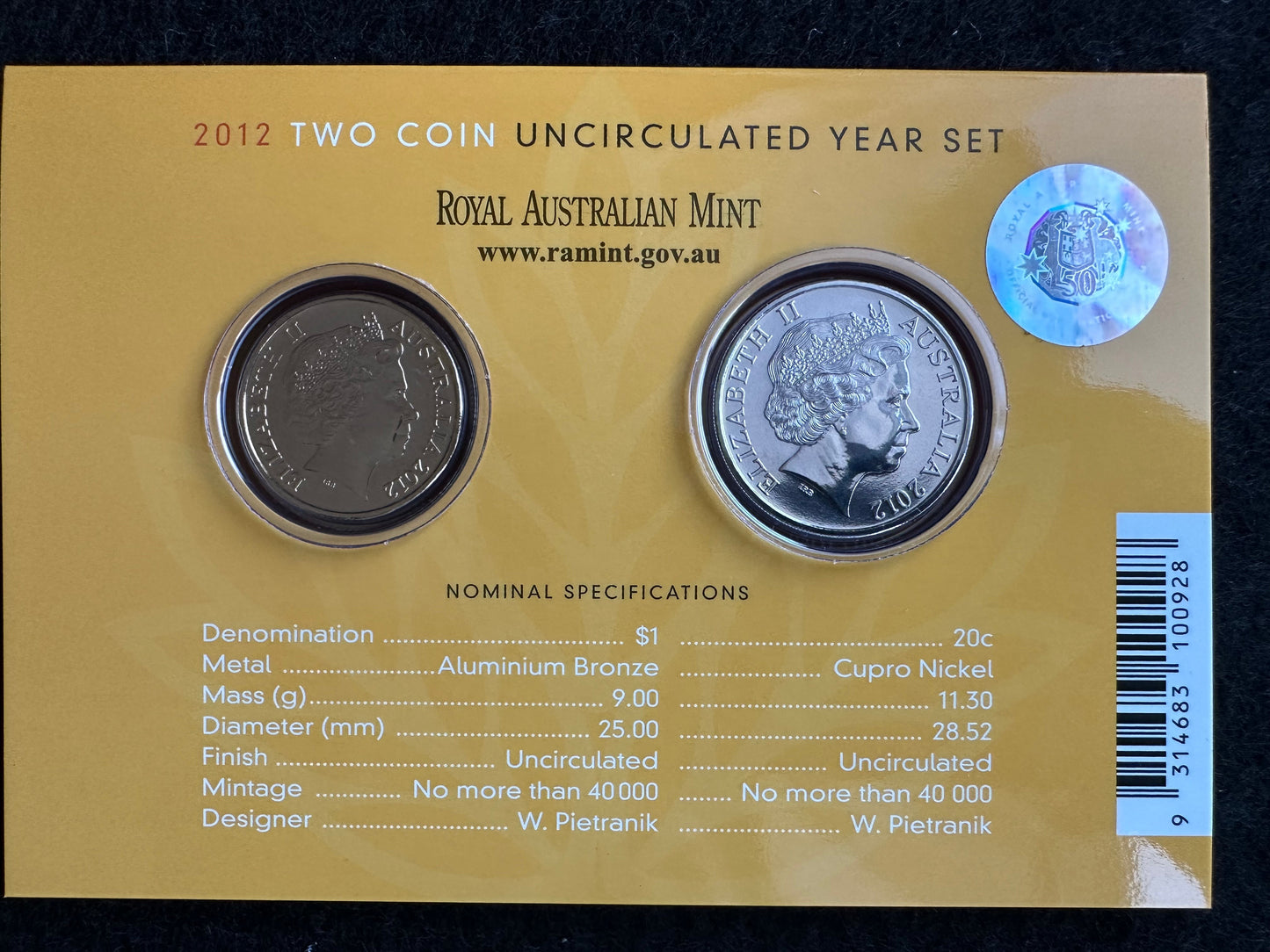 2012 Wheat 2 coin set Carded Coin