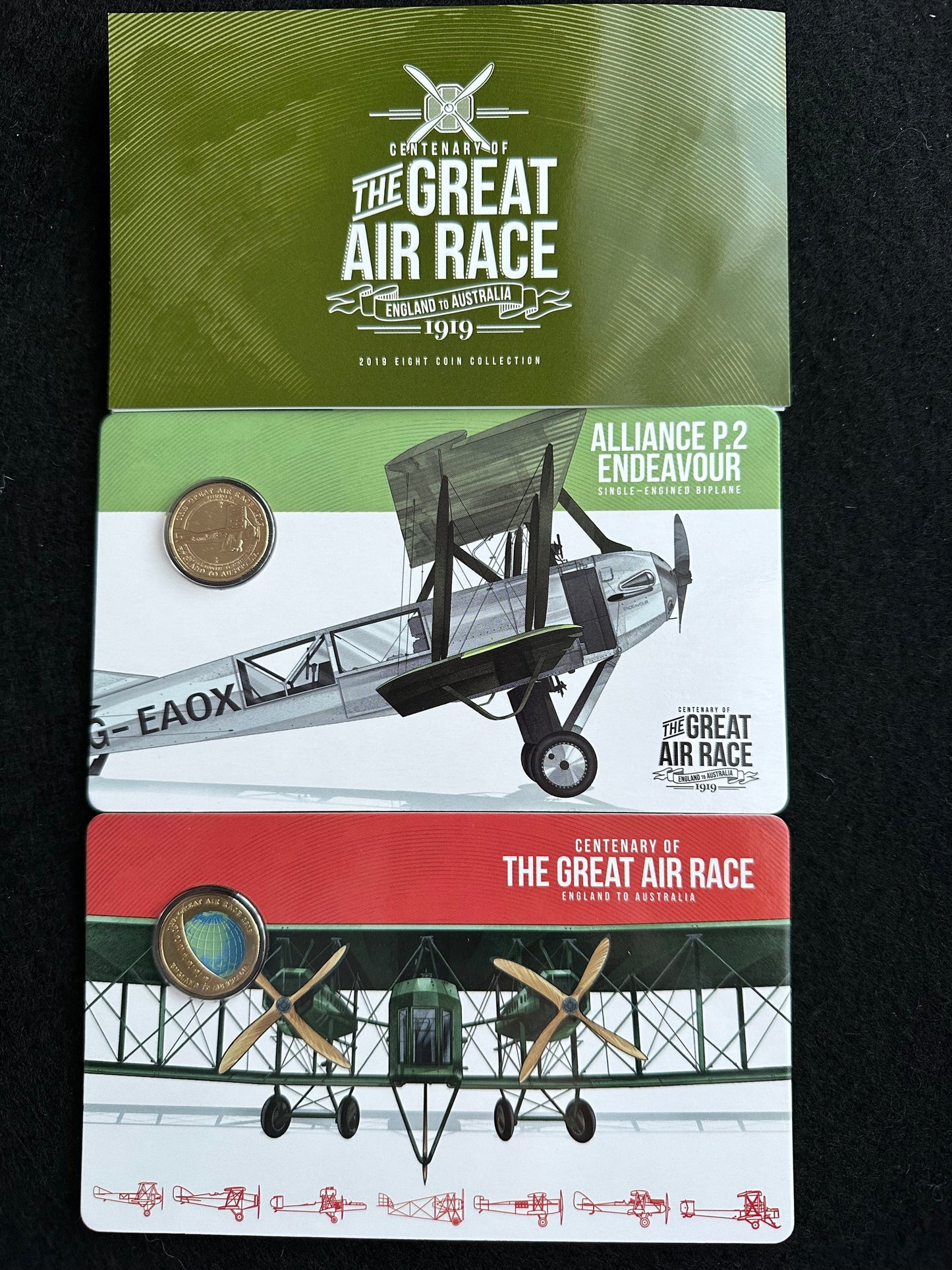 2019 Centenary of the Great Air Race England to Australia. 8 Coin Tin Set.