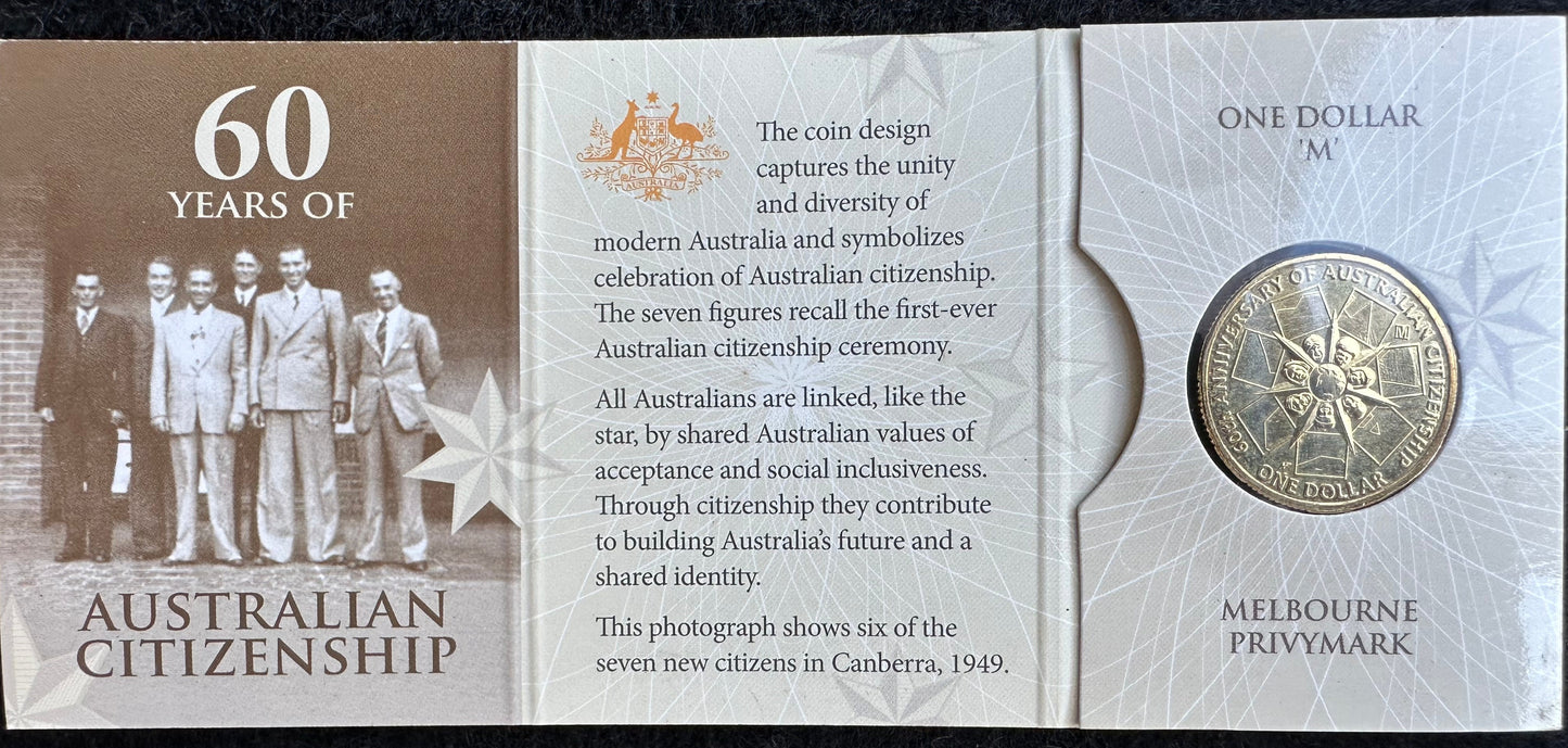 2009 $1 60 Years of Australian Citizenship M Mintmark carded coin