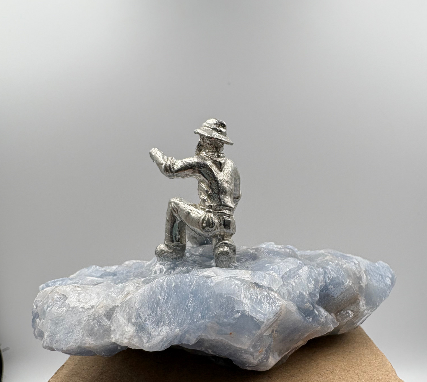 Pewter Gold Prospector with - Pocket Treasure Gold Nugget and Blue Calcite Crystal
