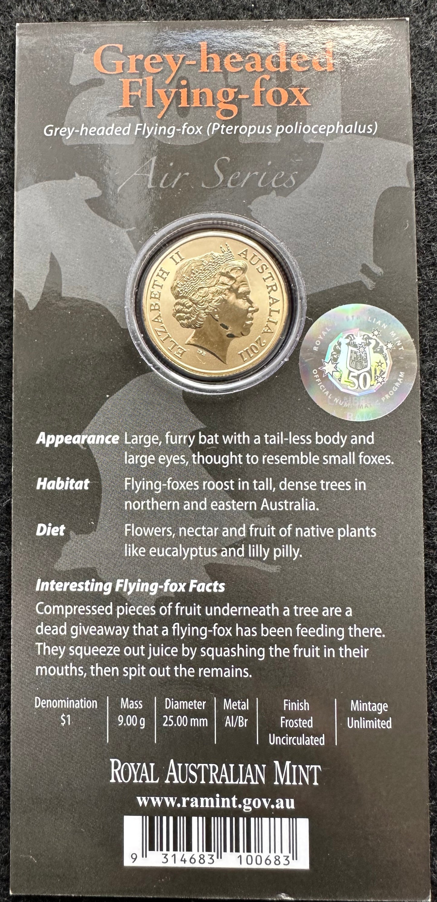 2011 $1 Air Series coloured coin - Grey-headed Flying-fox
