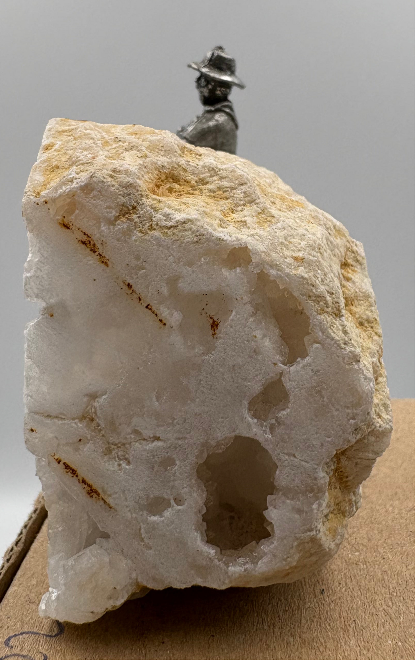 Pewter Gold Prospector with Pocket Treasure Gold Nugget and Calcite Quartz Crystal