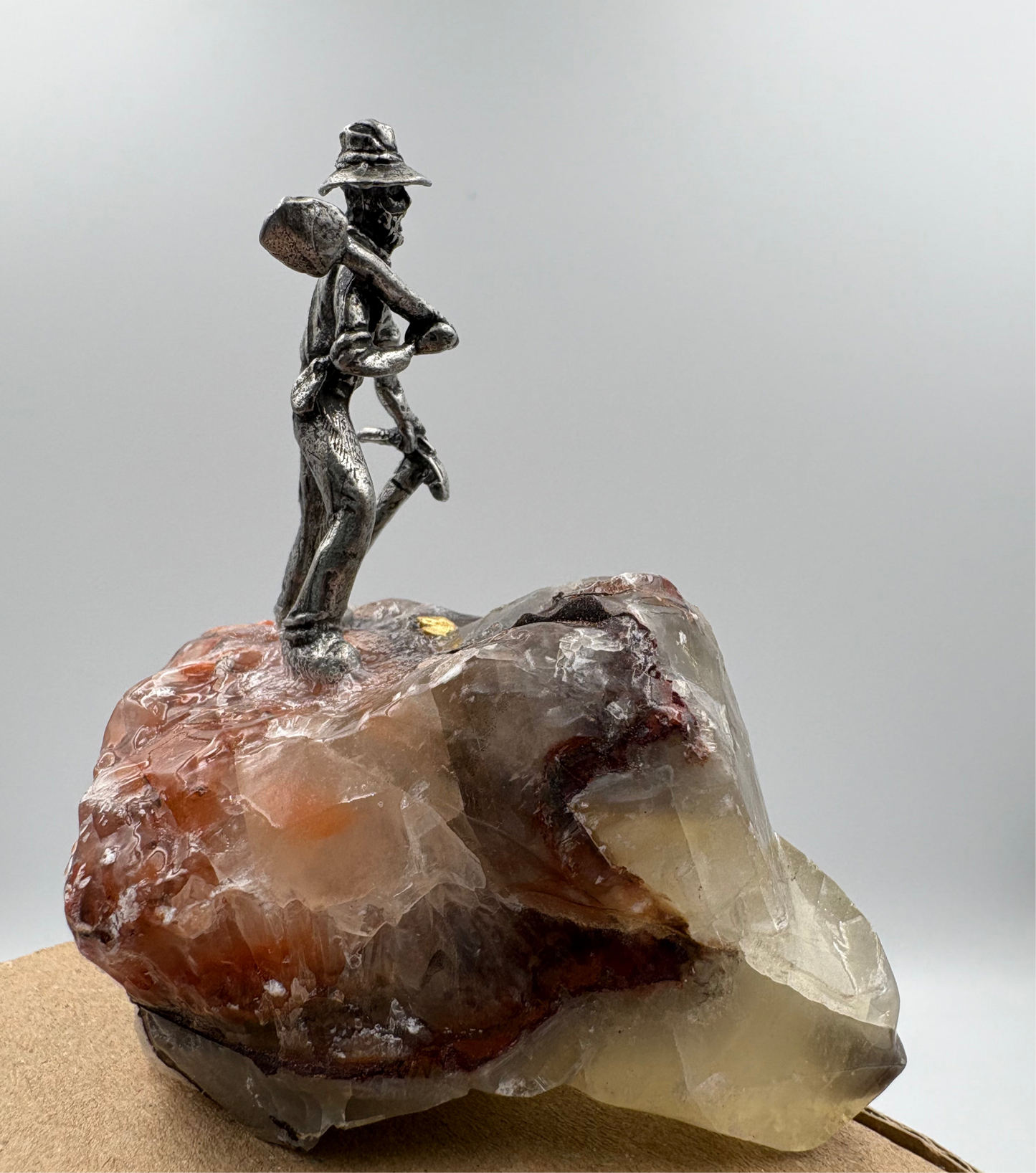 Pewter Gold Prospector with - Pocket Treasure Gold Nugget and Tri Colour Calcite Crystal
