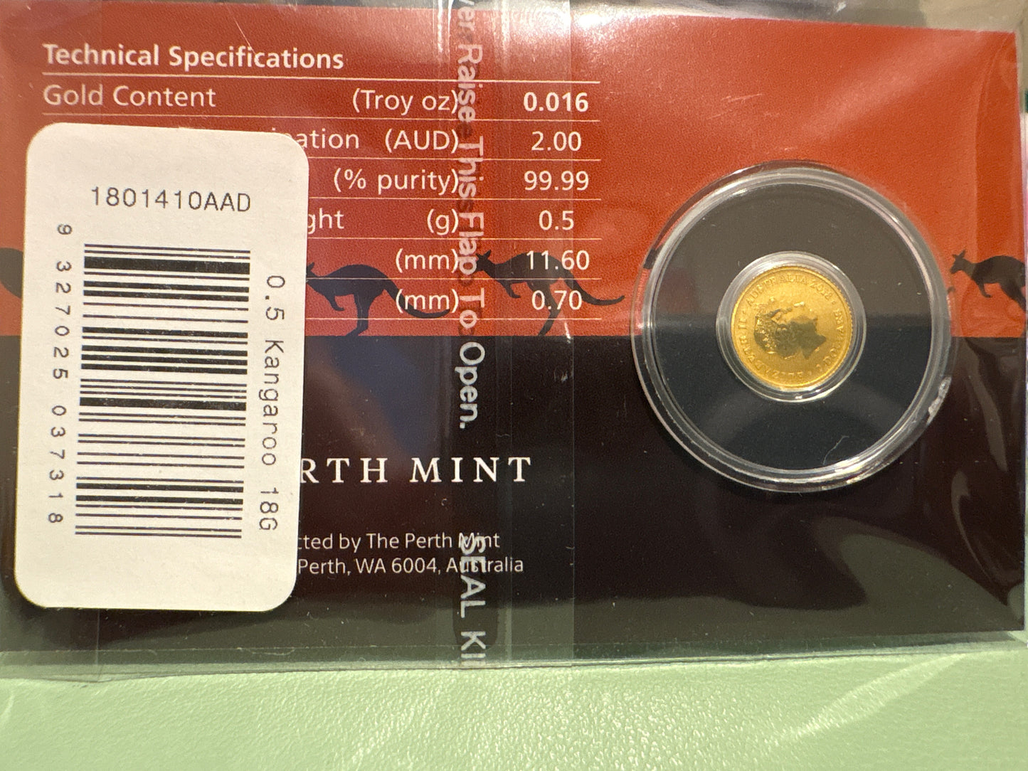 2018 $2 Australian Kangaroo Miniature Gold coin .5 grams