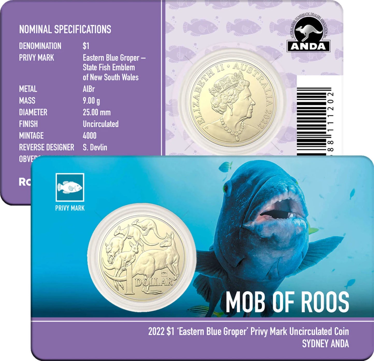 2022 $1 One Dollar Mob of Roos Eastern Blue Groper Privy Mark Sydney ANDA UNC