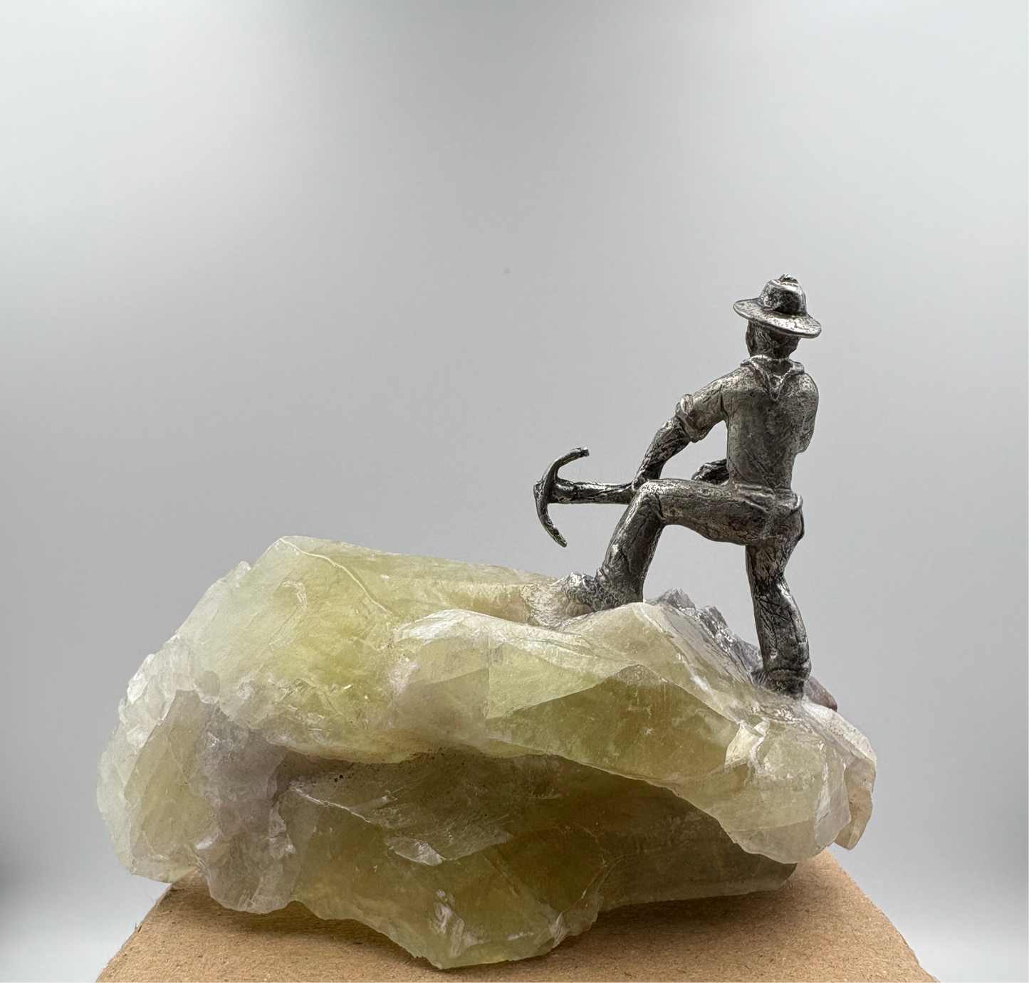 Pewter Gold Prospector with - Pocket Treasure Gold Nugget and Green Calcite Crystal