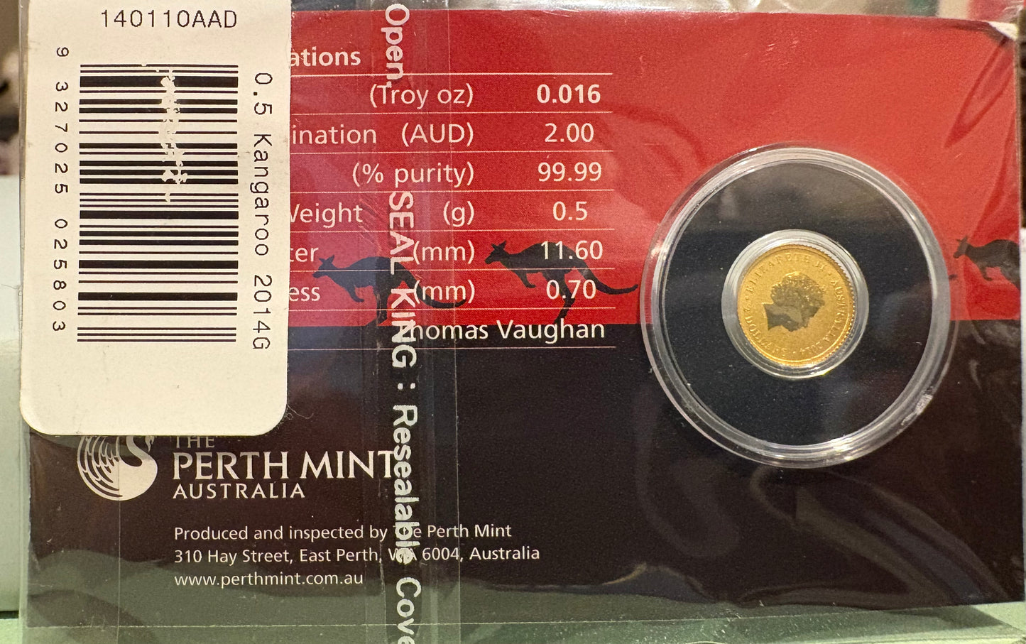 2014 $2 Australian Kangaroo Miniature Gold coin .5 grams