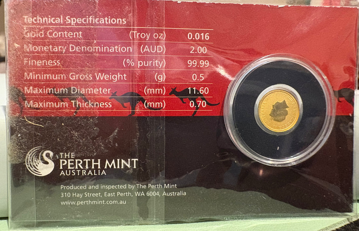 2012 $2 Australian Kangaroo Miniature Gold coin .5 grams