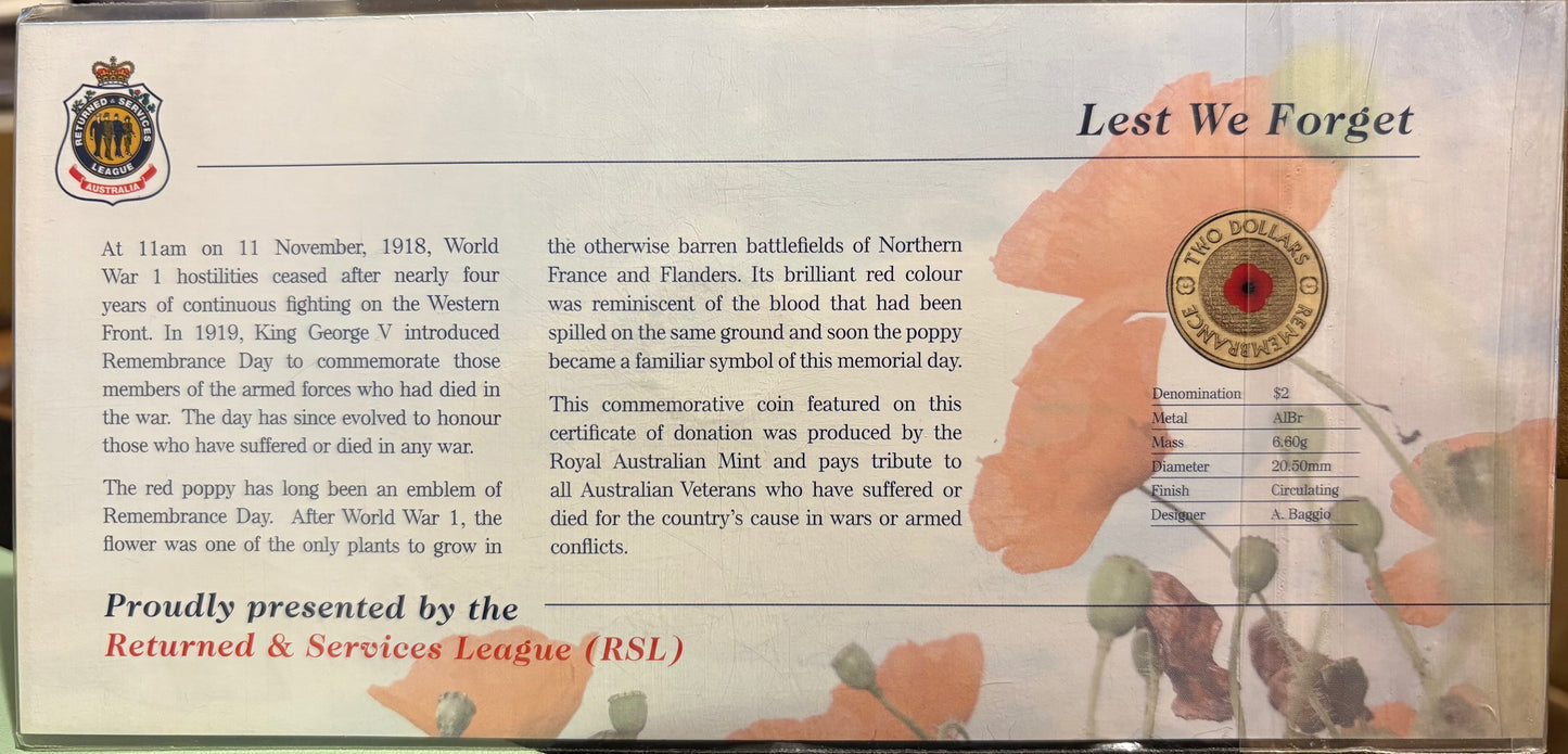 2012 $2 Remembrance Red Poppy Uncirculated Coin in RSL Card