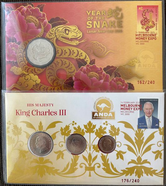 2025 Melbourne Money Expo ANDA PNC Duo - Lunar Snake 50 cent & His Majesty King Charles III 3 coin PNC (Day 2)