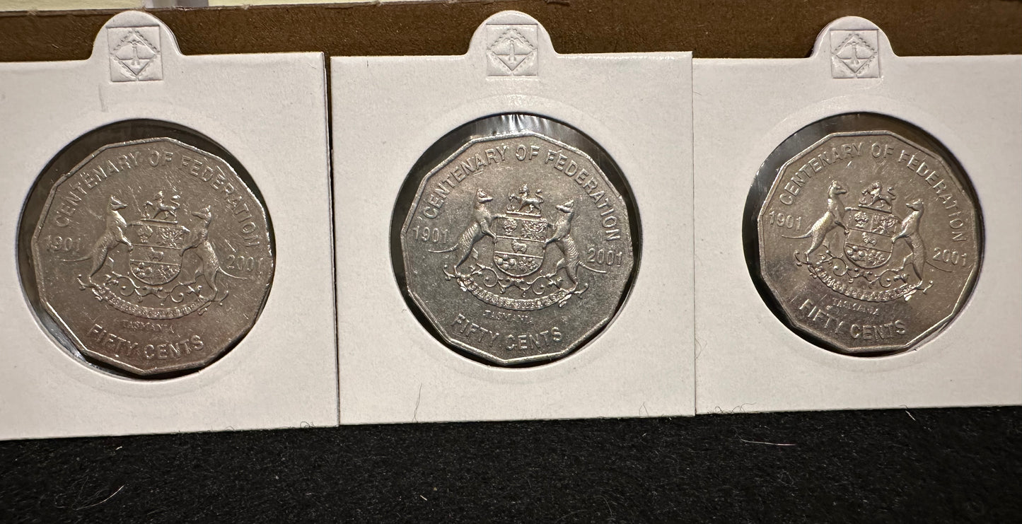 2001 Centenary of Federation TASMANIA - 20 cent & 50 cent coins- CIRCULATED