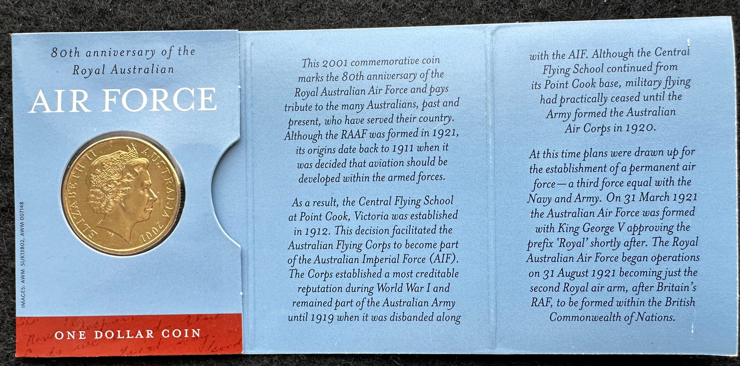 2001 $1 80th Anniversary of the Royal Australian Air Force RAAF coin on card