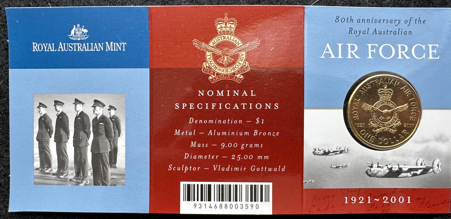 2001 $1 80th Anniversary of the Royal Australian Air Force RAAF coin on card