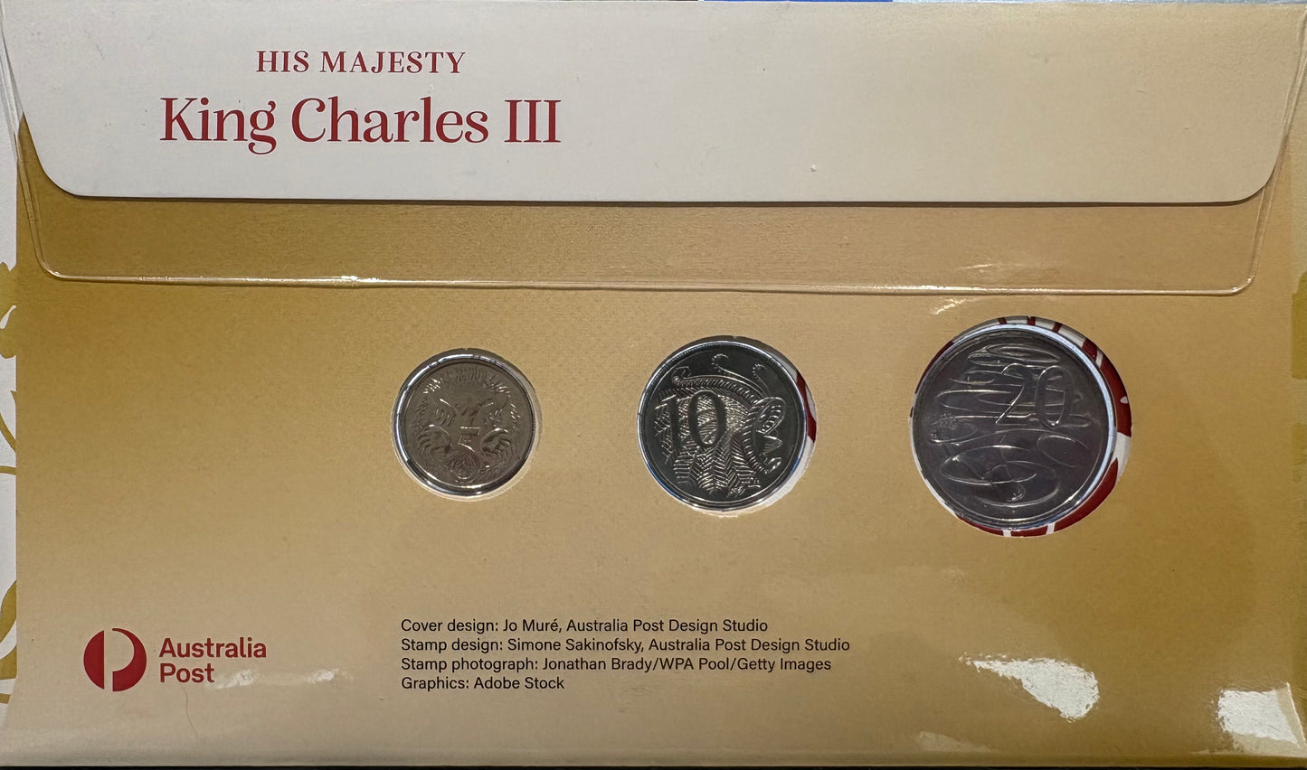 2025 His Majesty King Charles III - Melbourne ANDA Money Expo 20, 10 and 5 cent Three Coin Postal Numismatic Cover (PNC)