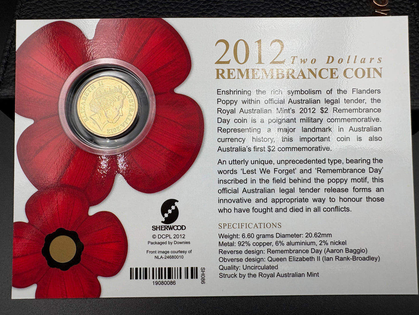 2012 Remembrance Day Gold Poppy $2 Coin in Downies Card