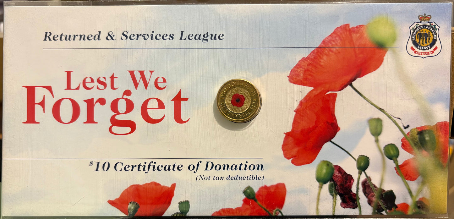 2012 $2 Remembrance Red Poppy Uncirculated Coin in RSL Card