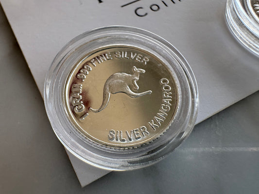 Mini Fractional Silver 1 gram round bullion - Bounding Kangaroo