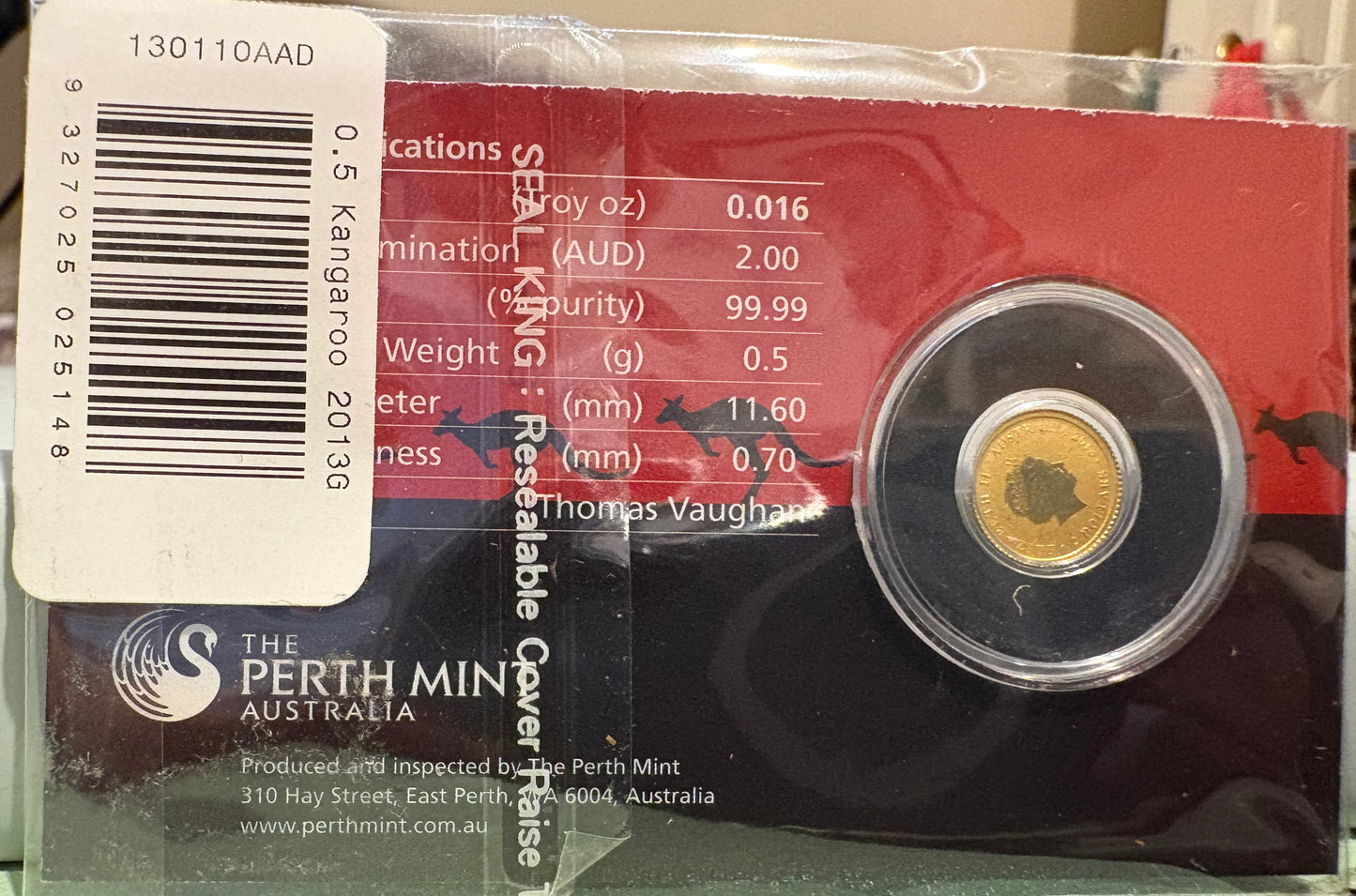 2013 $2 Australian Kangaroo Miniature Gold coin .5 grams