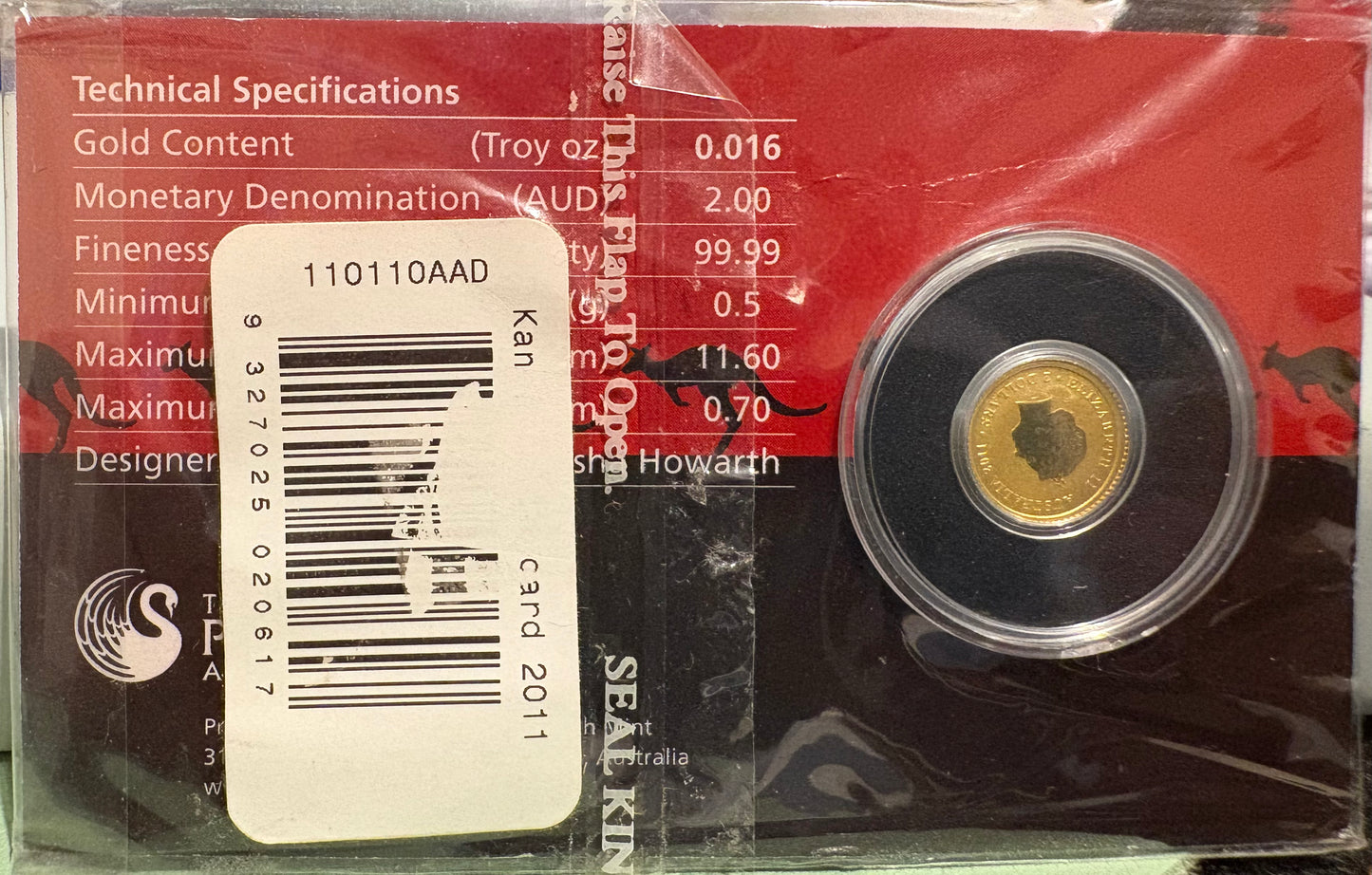 2011 $2 Australian Kangaroo Miniature Gold coin .5 grams