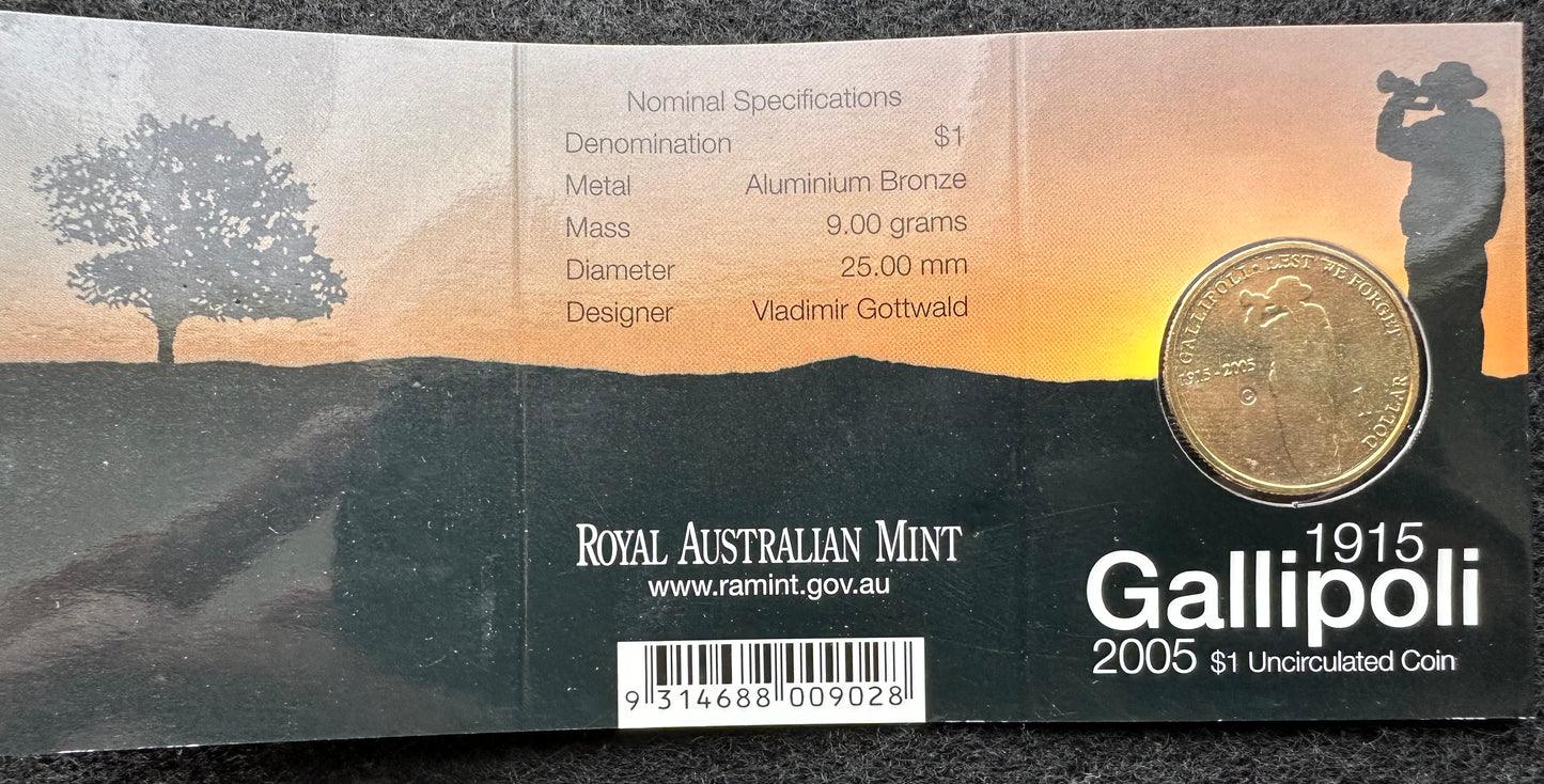 2005 $1 Gallipoli 1915 - 2005 C Mintmark Unc Coin in RAM Card