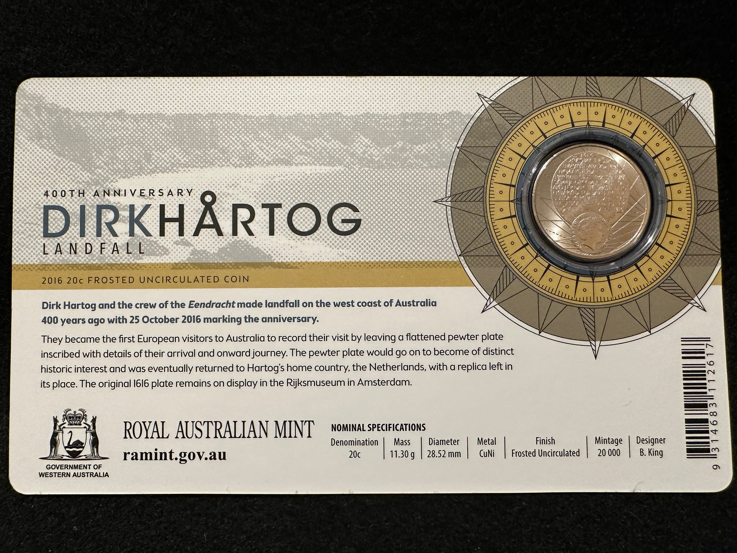 2016 400th Anniversary Dirk Hartog Landfall Twenty 20 cent Uncirculated Coin on card