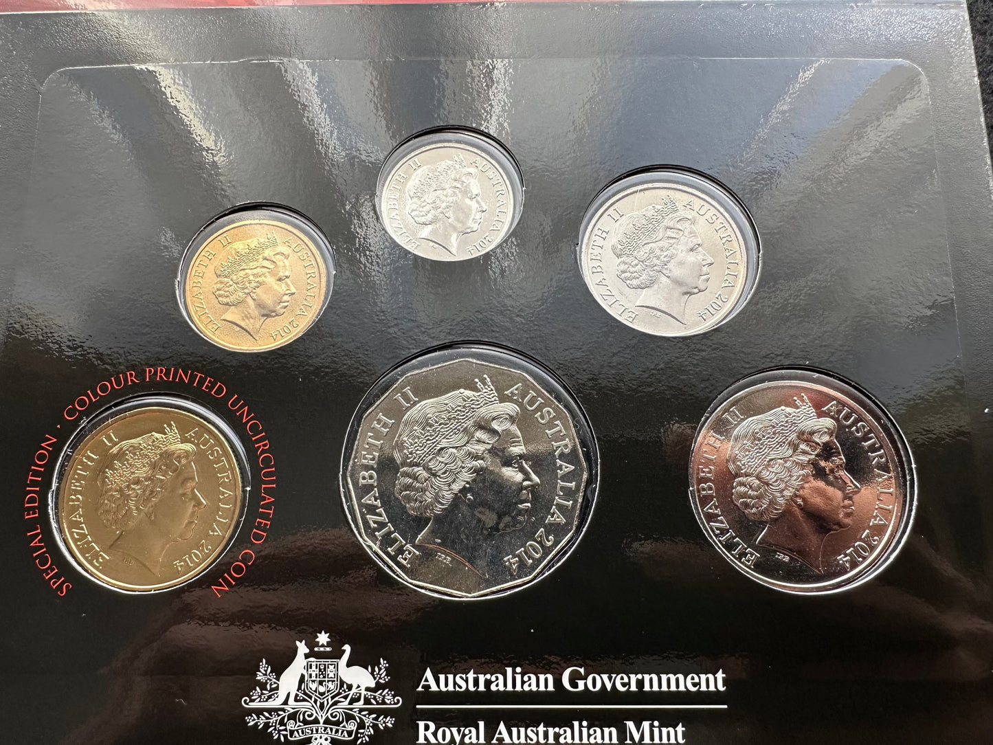 2014 Royal Australian Mint Uncirculated Six Coin Set - exclusive coloured $1 coin