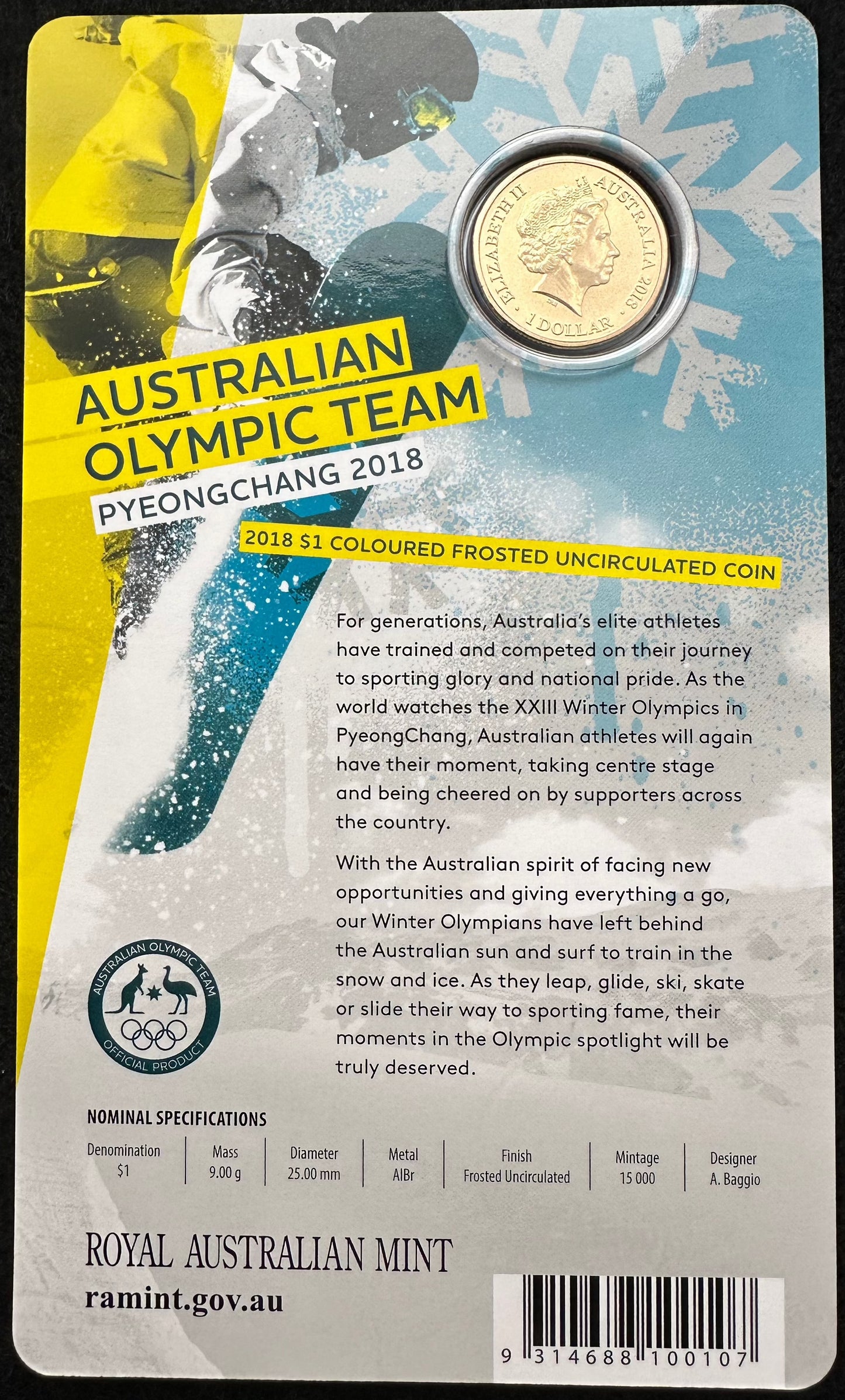 2018 $1 Australian Olympic Team Pyeongchang colored frosted coin on card
