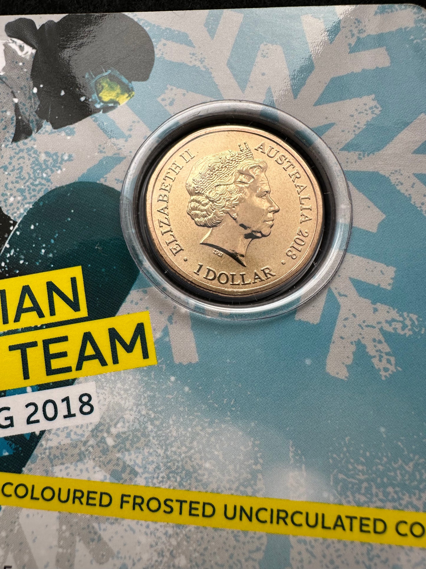 2018 $1 Australian Olympic Team Pyeongchang colored frosted coin on card