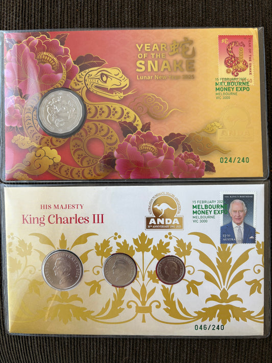2025 Melbourne Money Expo ANDA PNC Duo - Lunar Snake 50 cent & His Majesty King Charles III 3 coin PNC (Day 1)