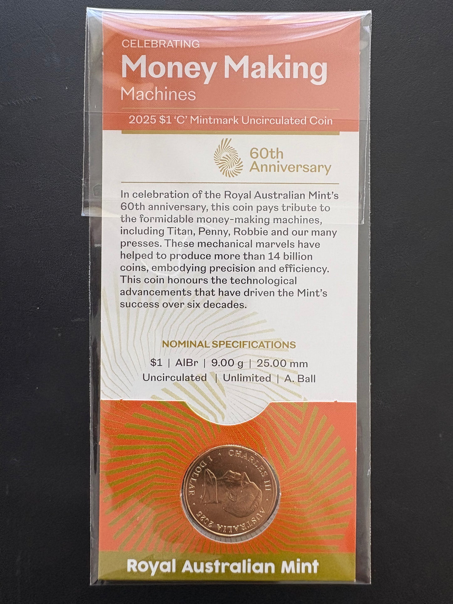 2025 $1 60th Anniversary of Royal Australian Mint C Mintmark - Celebrating Money Making Machines