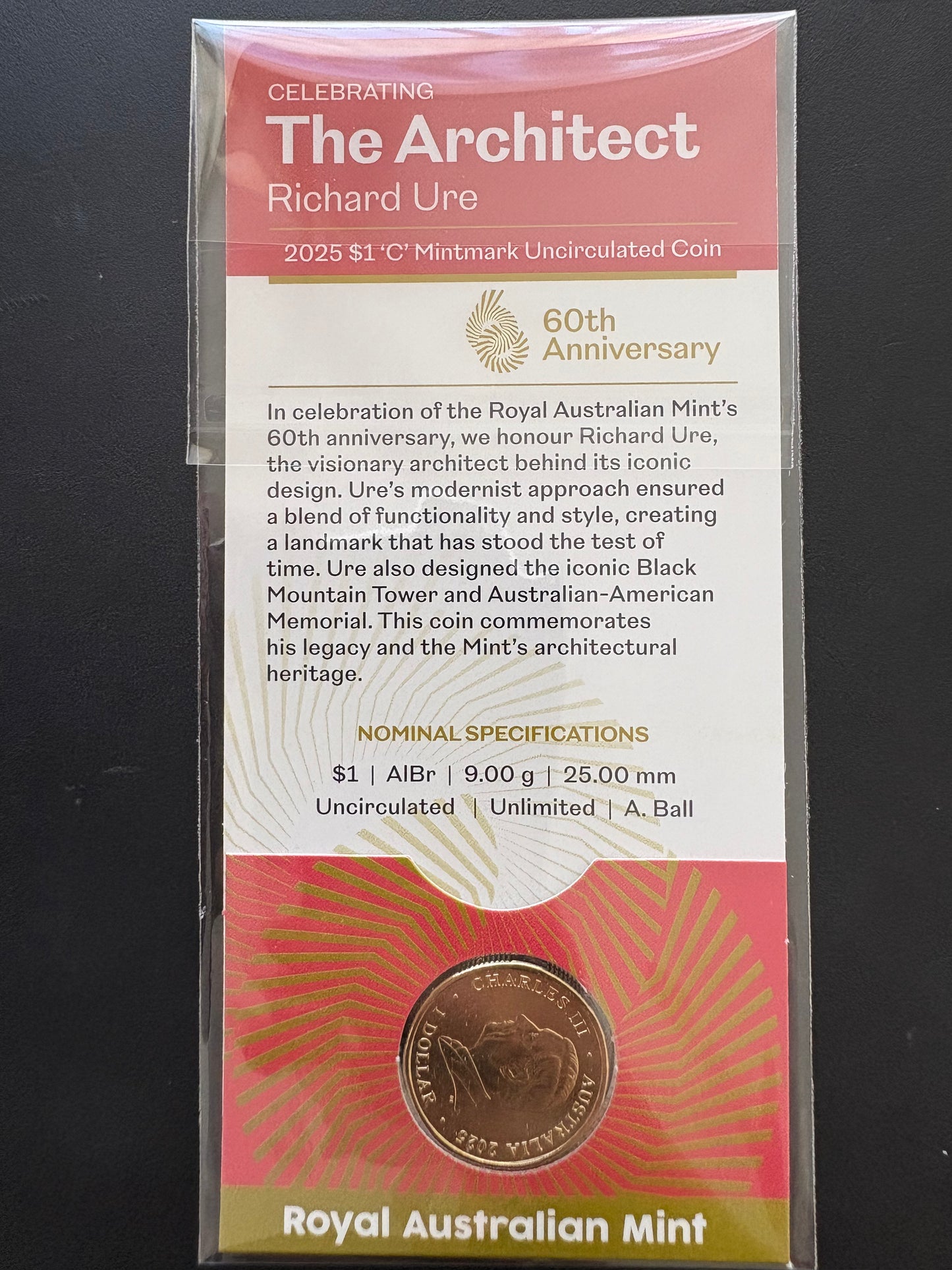2025 $1 60th Anniversary of Royal Australian Mint C Mintmark - Celebrating the Architect - Richard Ure
