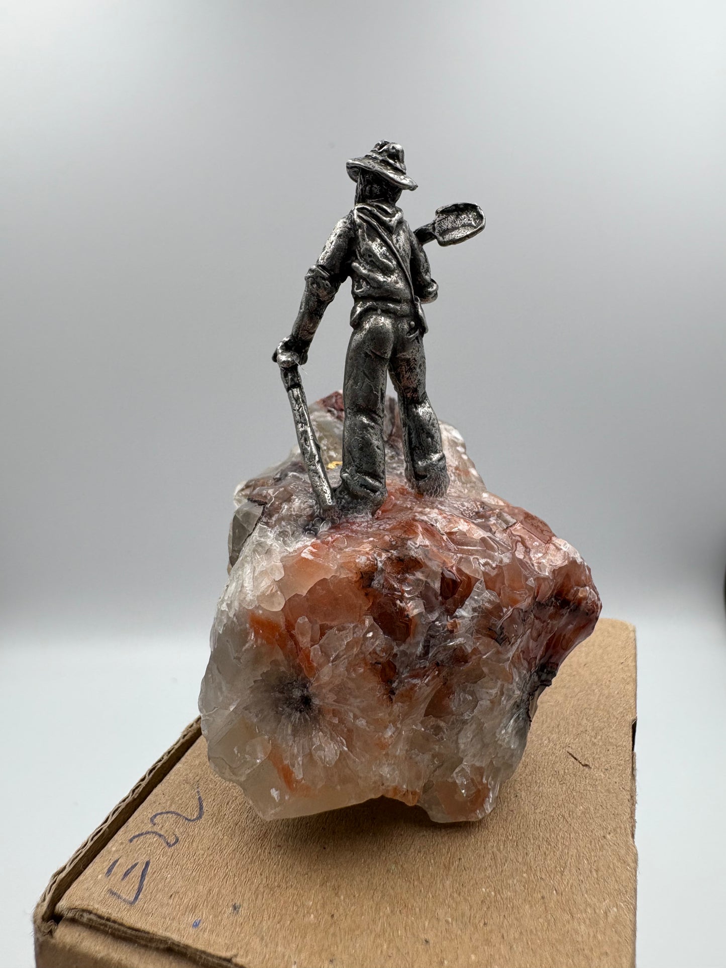 Pewter Gold Prospector with - Pocket Treasure Gold Nugget and Tri Colour Calcite Crystal