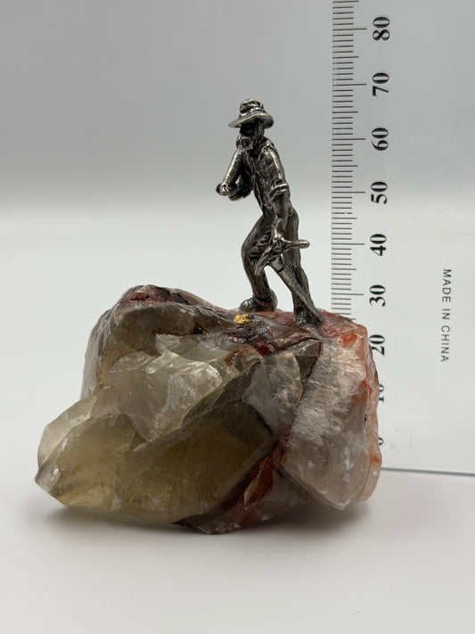 Pewter Gold Prospector with - Pocket Treasure Gold Nugget and Tri Colour Calcite Crystal