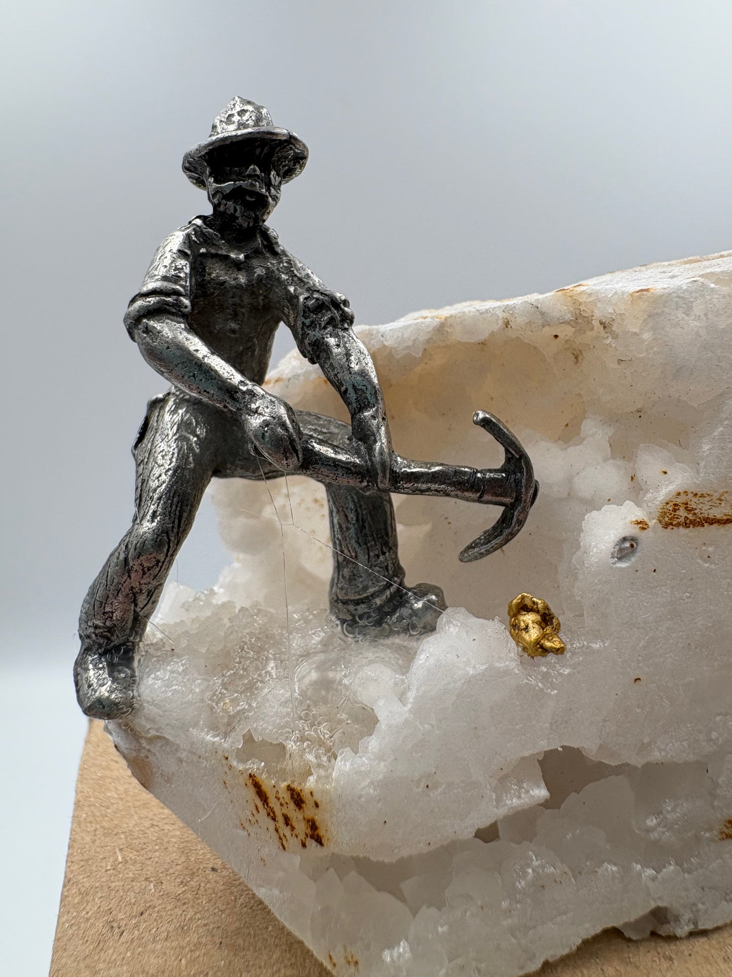 Pewter Gold Prospector with Pocket Treasure Gold Nugget and Calcite Quartz Crystal