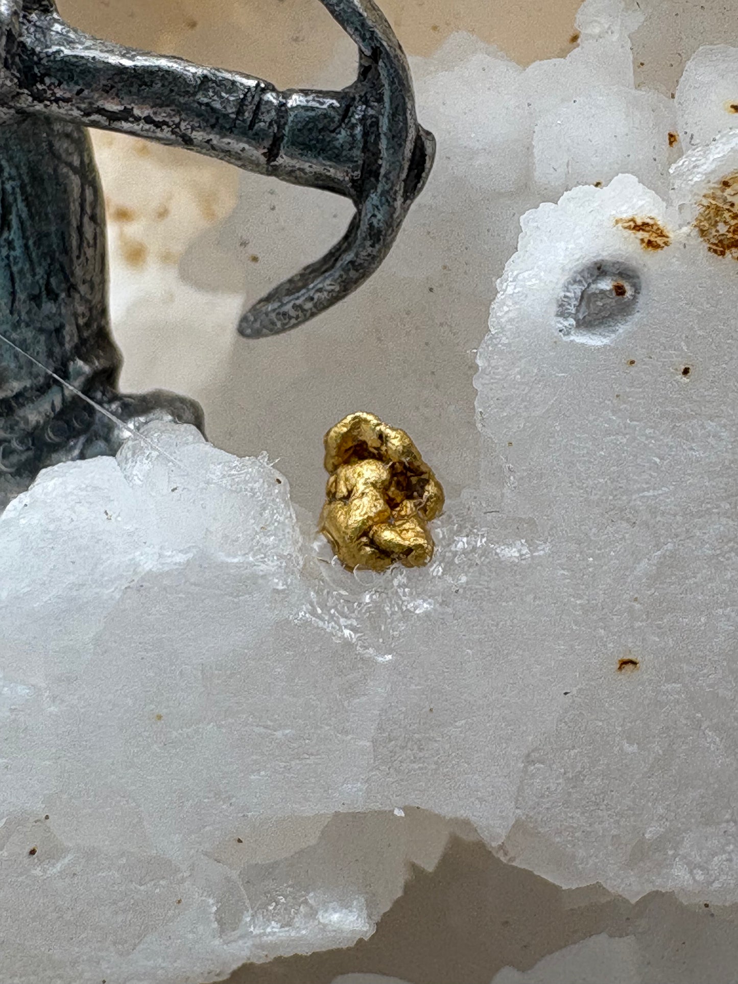 Pewter Gold Prospector with Pocket Treasure Gold Nugget and Calcite Quartz Crystal