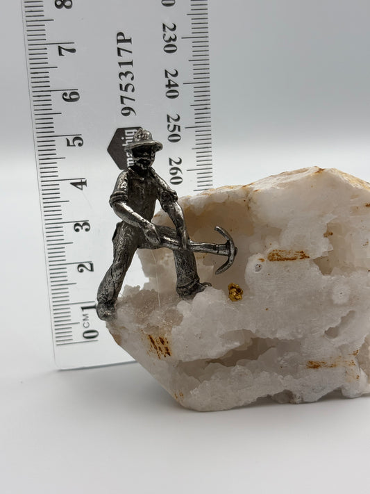 Pewter Gold Prospector with Pocket Treasure Gold Nugget and Calcite Quartz Crystal