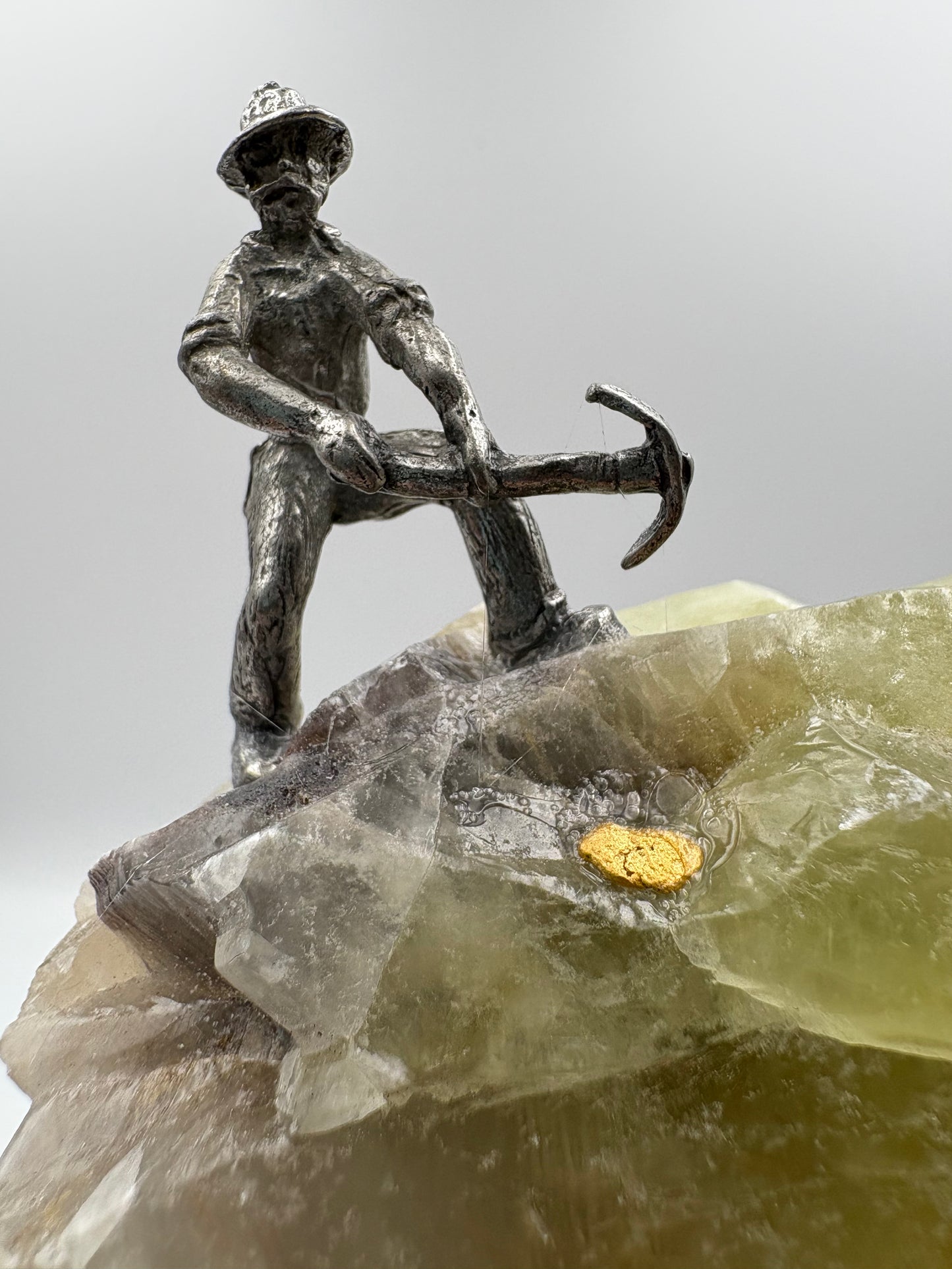 Pewter Gold Prospector with - Pocket Treasure Gold Nugget and Green Calcite Crystal