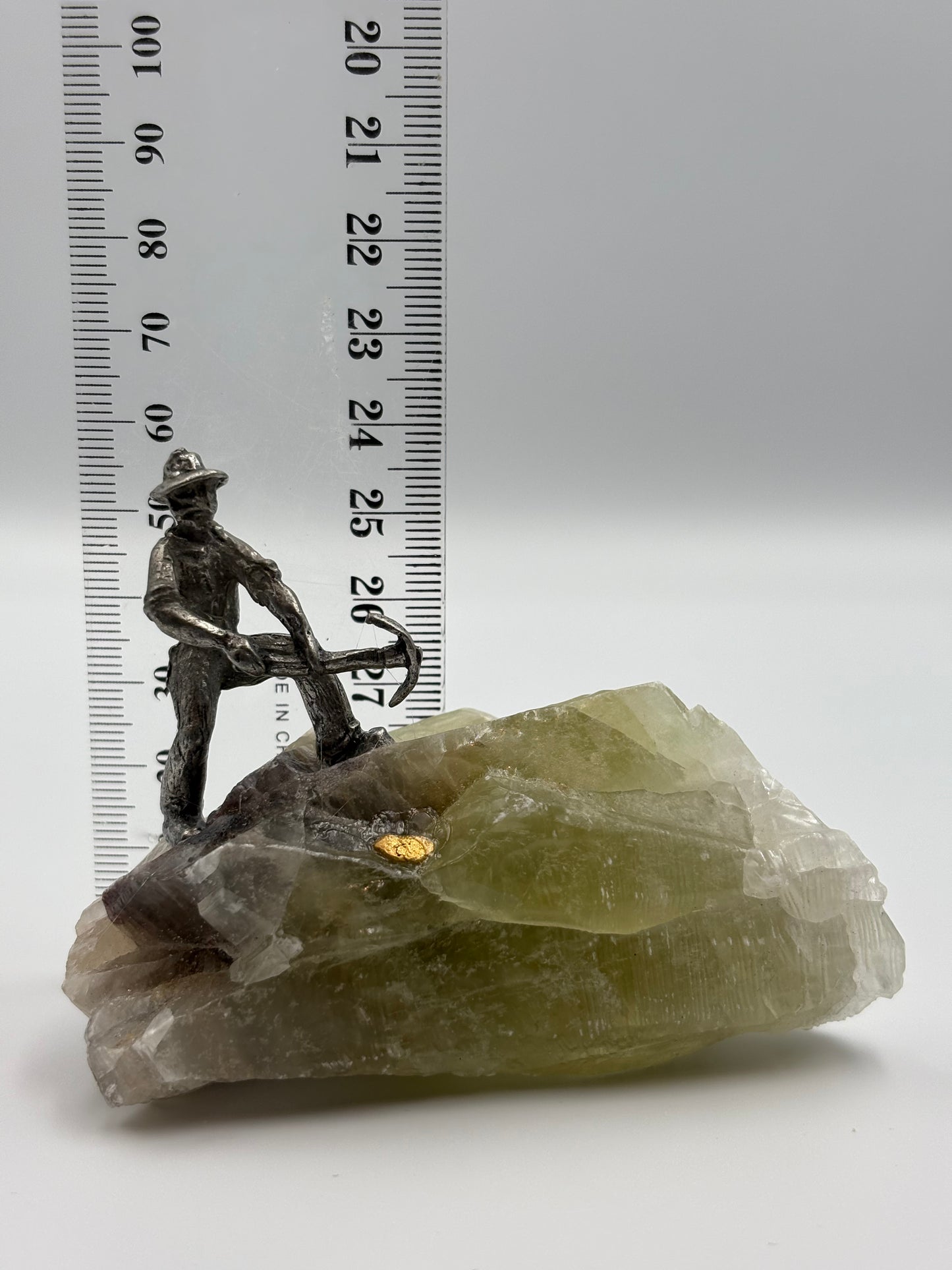 Pewter Gold Prospector with - Pocket Treasure Gold Nugget and Green Calcite Crystal