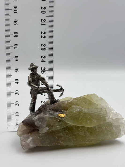 Pewter Gold Prospector with - Pocket Treasure Gold Nugget and Green Calcite Crystal