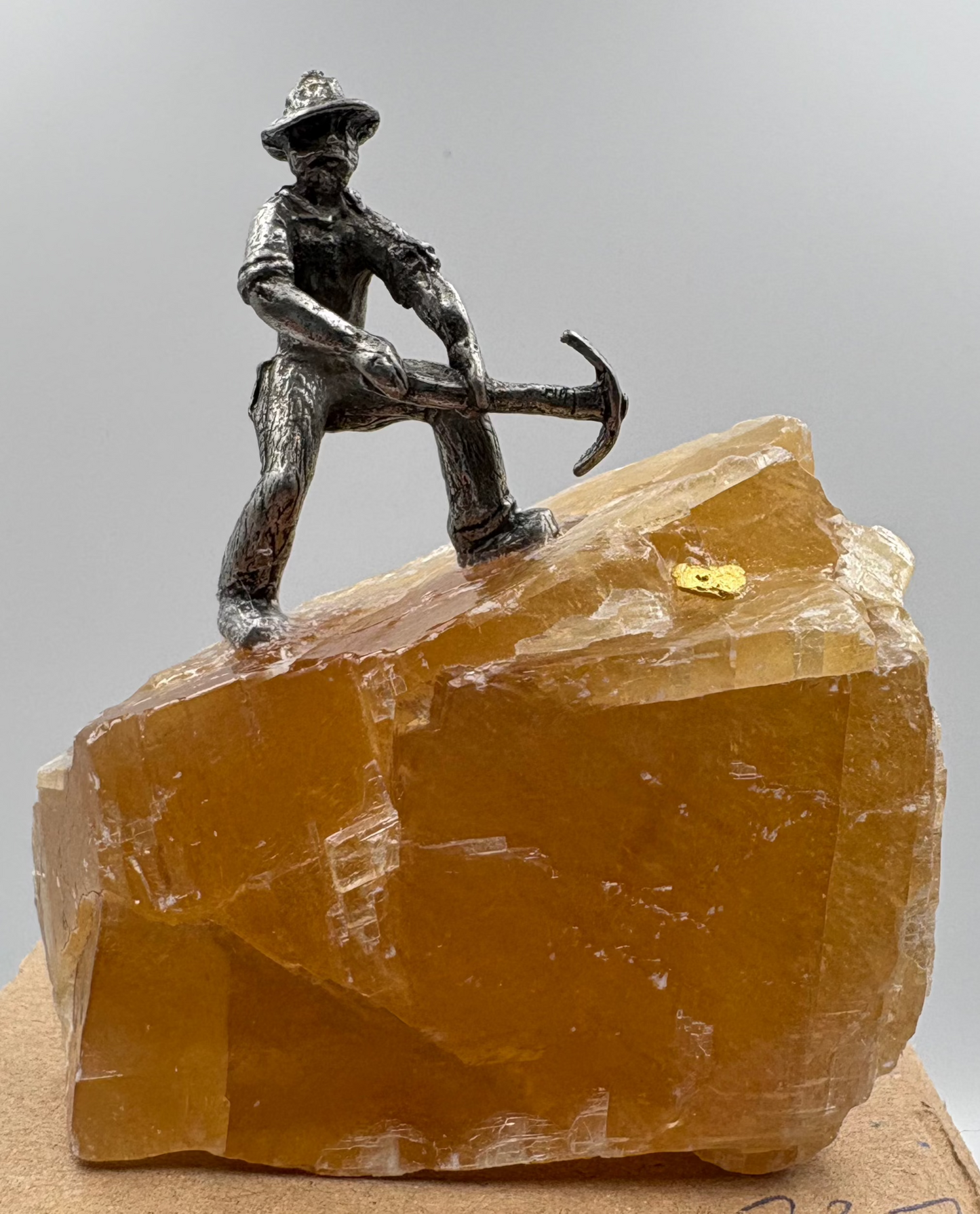 Pewter Gold Prospector with - Pocket Treasure Gold Nugget and Honey Calcite Crystal