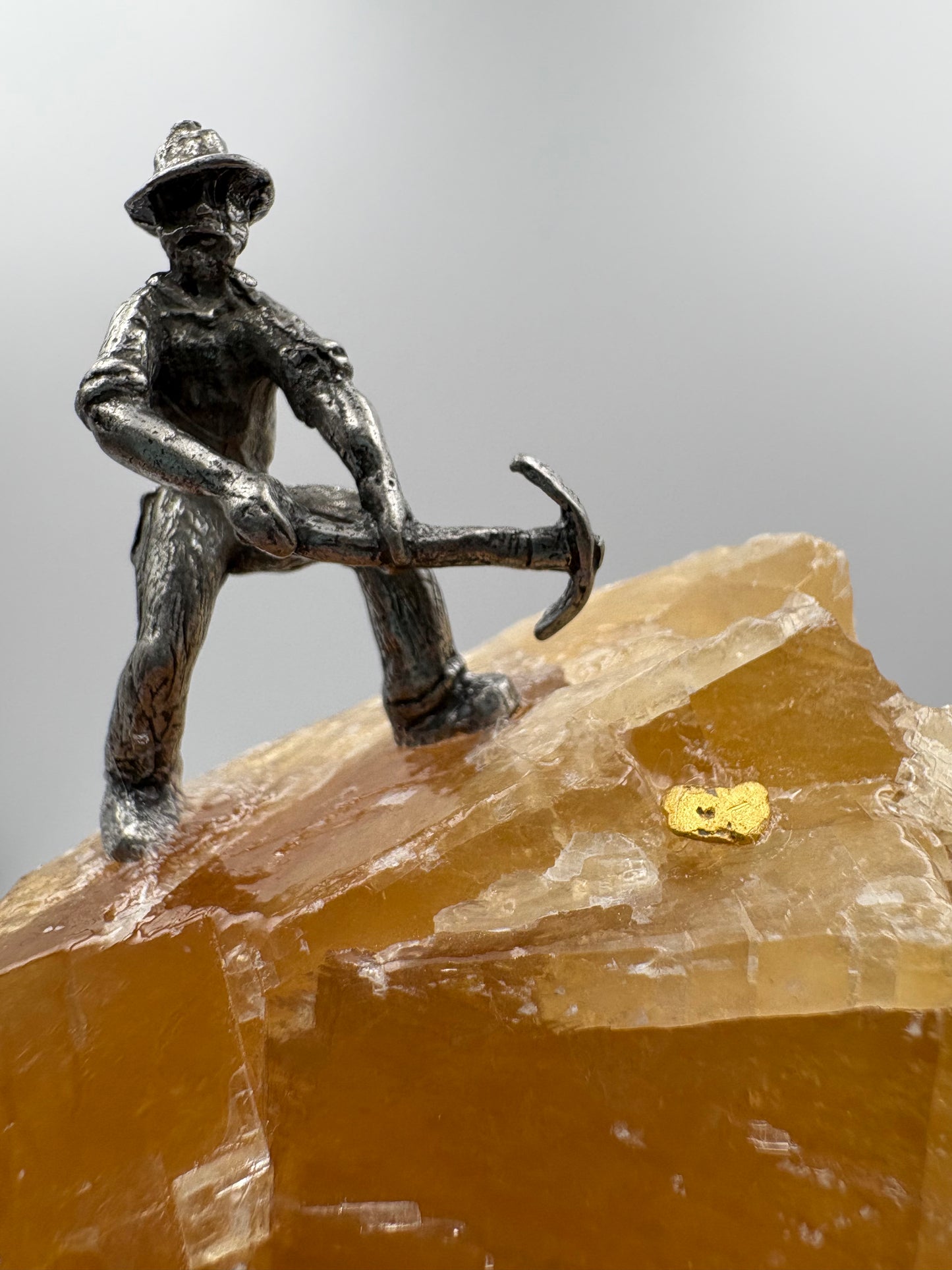 Pewter Gold Prospector with - Pocket Treasure Gold Nugget and Honey Calcite Crystal