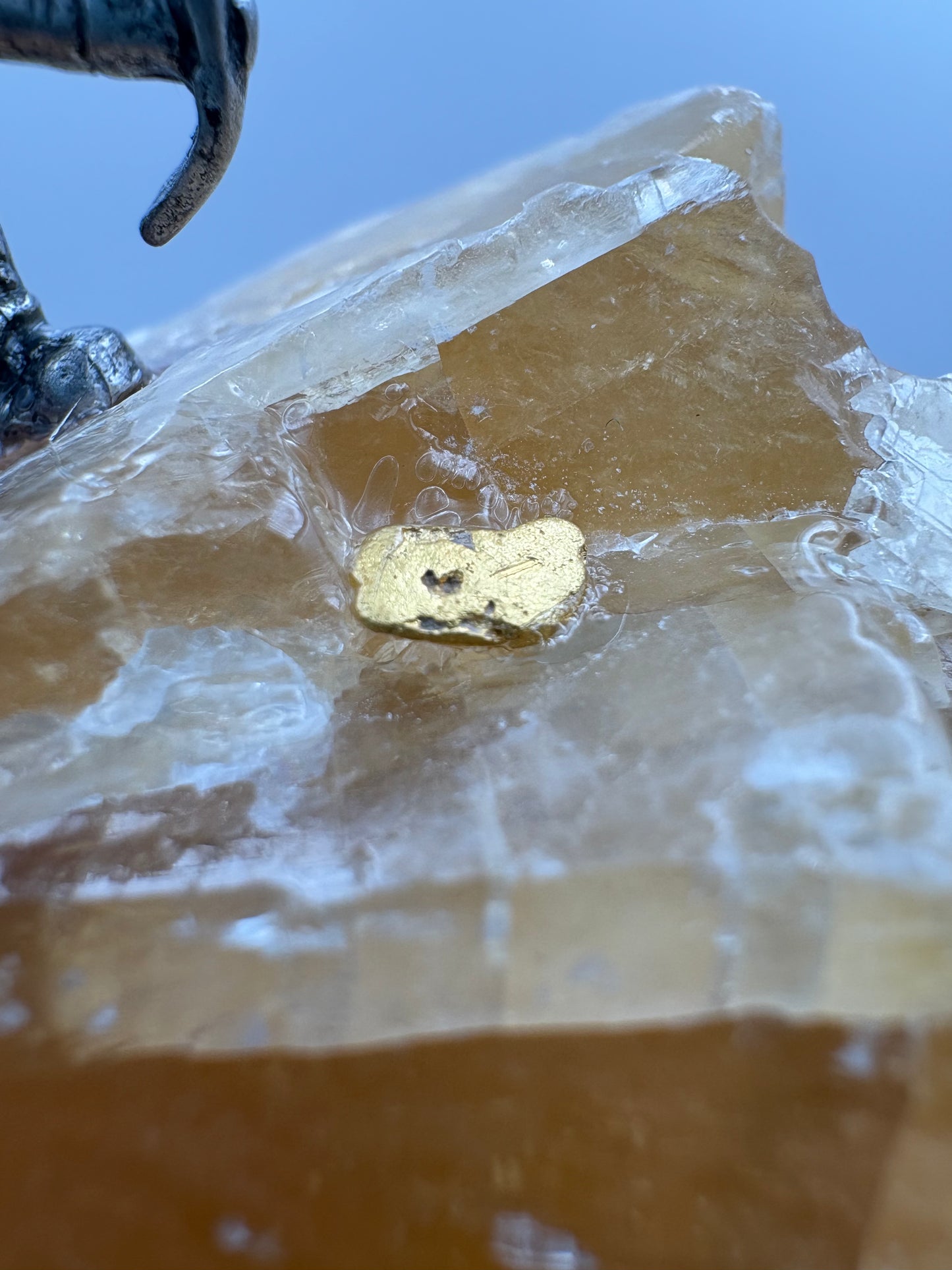 Pewter Gold Prospector with - Pocket Treasure Gold Nugget and Honey Calcite Crystal