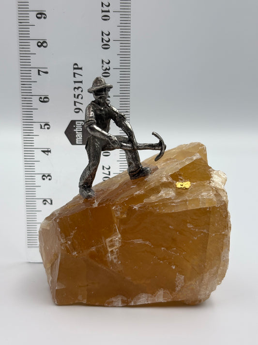 Pewter Gold Prospector with - Pocket Treasure Gold Nugget and Honey Calcite Crystal