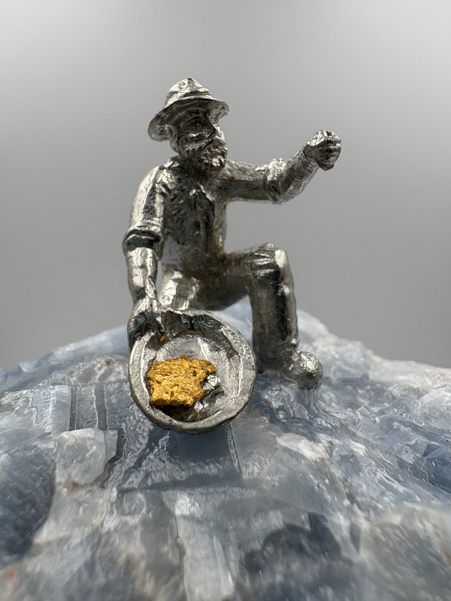 Pewter Gold Prospector with - Pocket Treasure Gold Nugget and Blue Calcite Crystal