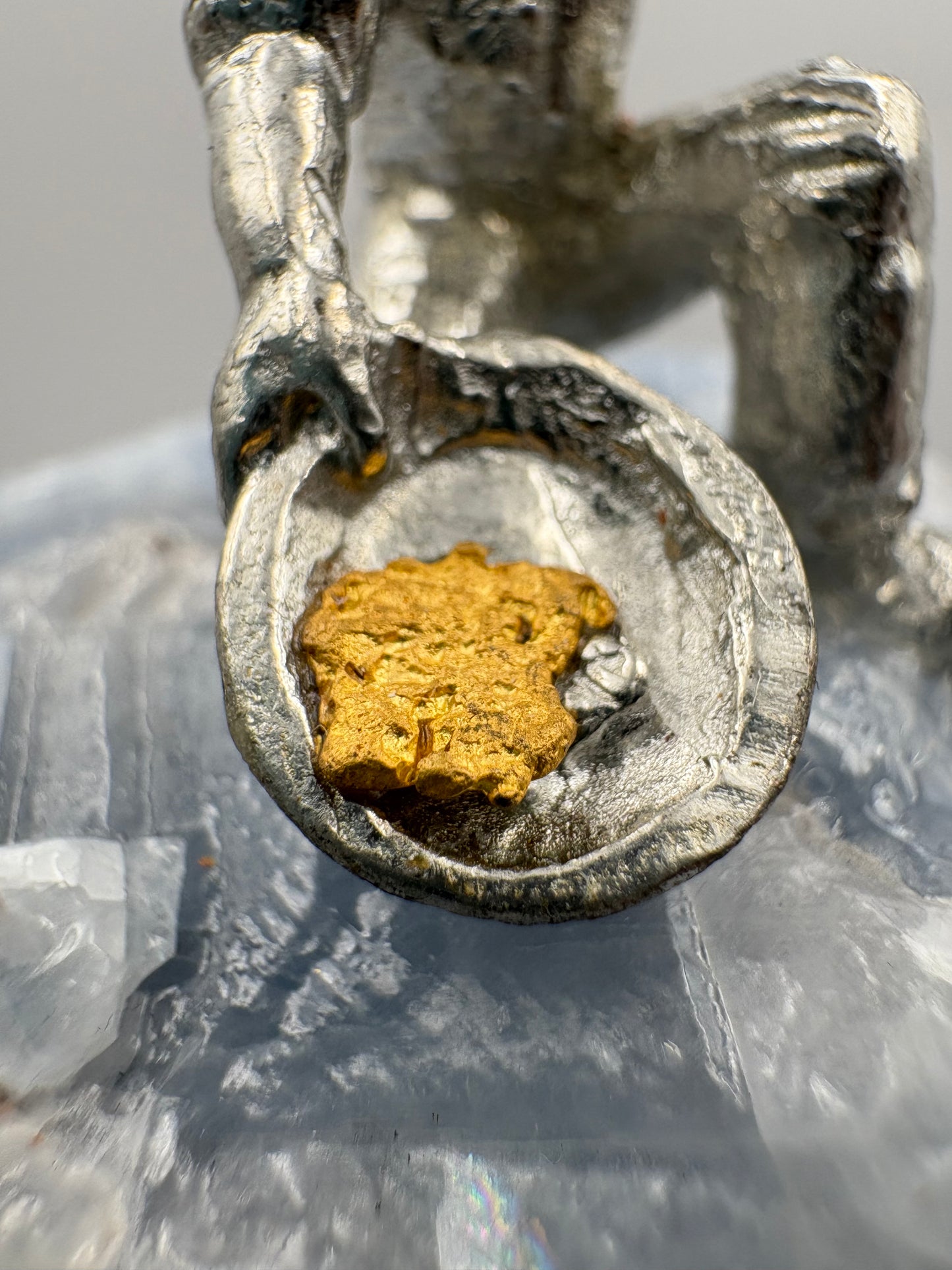 Pewter Gold Prospector with - Pocket Treasure Gold Nugget and Blue Calcite Crystal