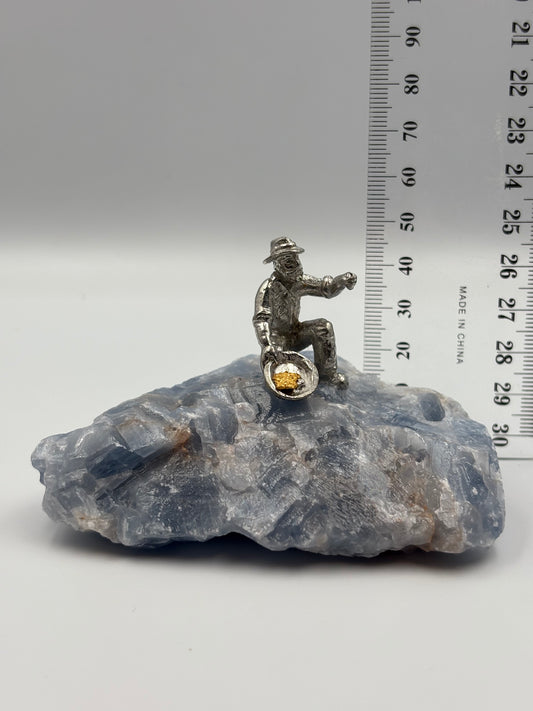 Pewter Gold Prospector with - Pocket Treasure Gold Nugget and Blue Calcite Crystal