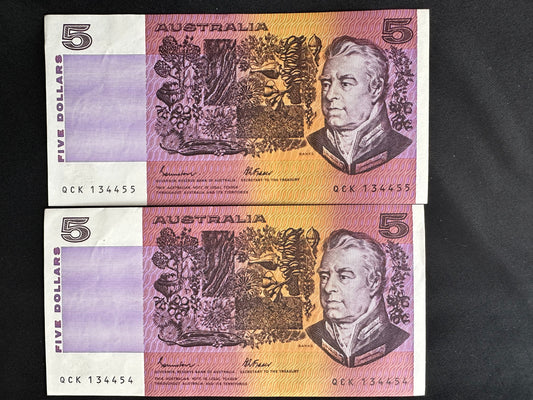 1985 $5 Australia Paper Banknotes - Johnston Fraser - Consecutive x2