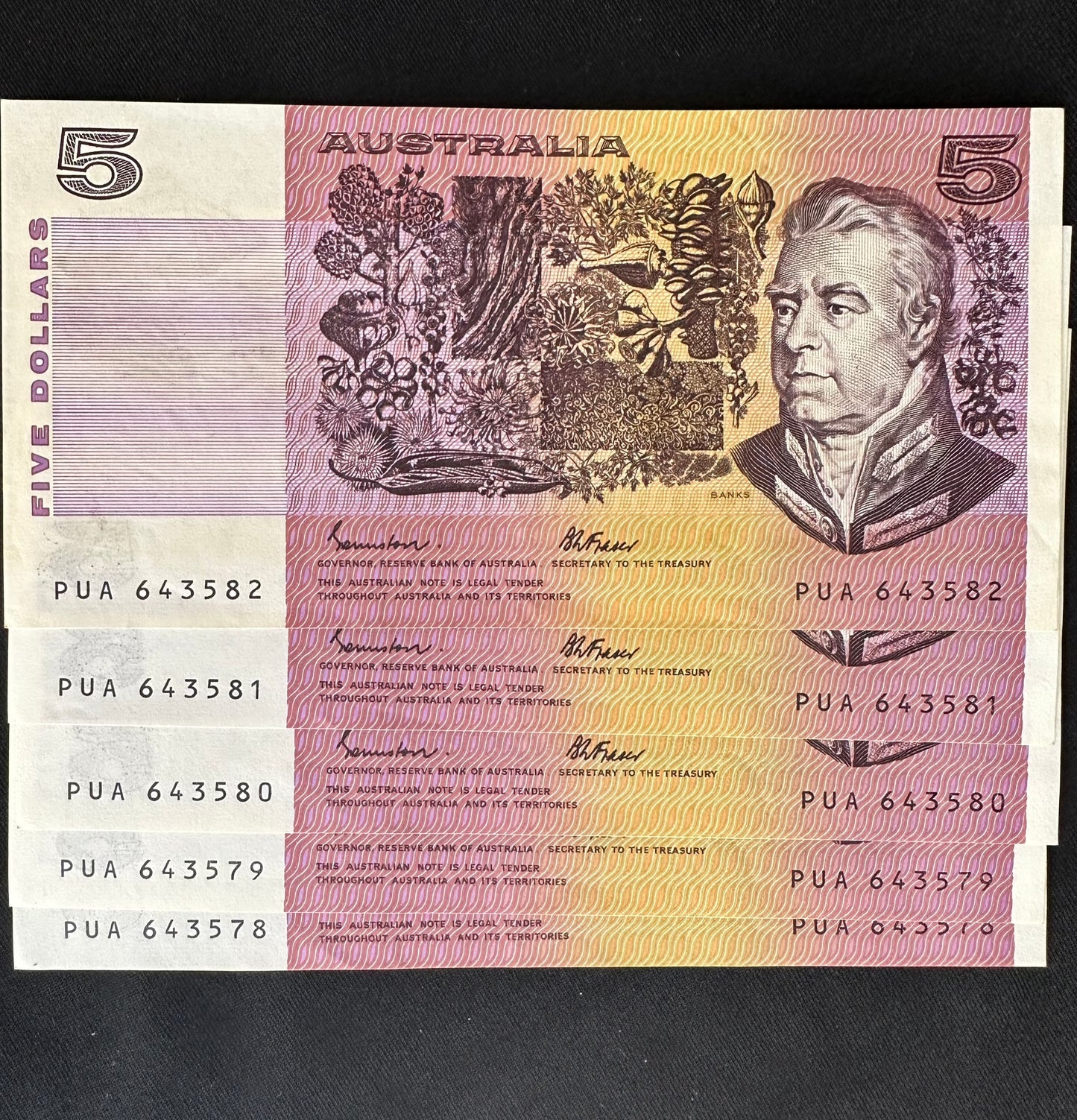 1985 $5 Australia Paper Banknotes - Johnston Fraser - Consecutive Run x5